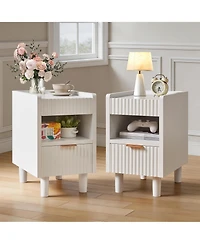 Flynama 2 Pack Fluted Nightstand, Integrated Base Bedside Table with Drawer and Open Cubby