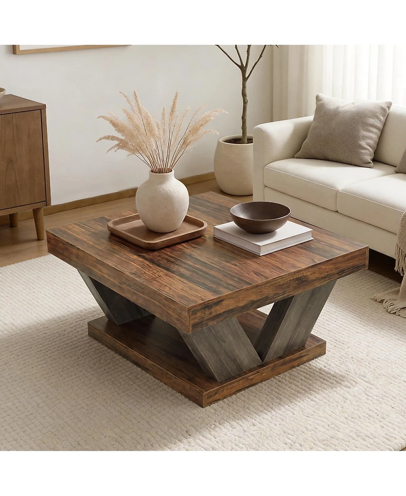 Tribesigns 2-Tier Rustic Wood Coffee Table, Farmhouse Square, Large