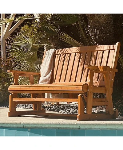 Innovaze 3 Seater Outdoor Wooden Glider Chair, Contoured Patio Bench with Built In Cup Holders for Comfortable Porch and Backyard Relaxation