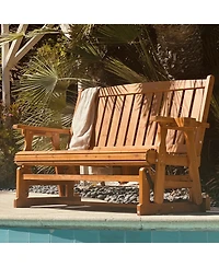Innovaze 3 Seater Outdoor Wooden Glider Chair, Contoured Patio Bench with Built In Cup Holders for Comfortable Porch and Backyard Relaxation
