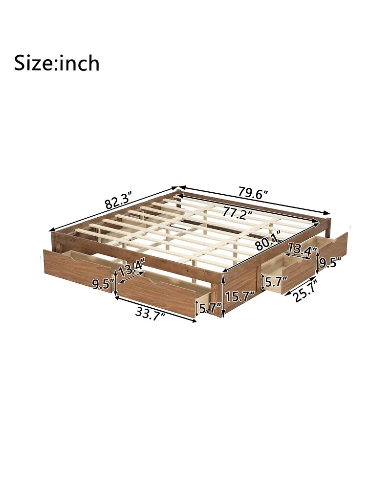 Streamdale Furniture King Size Platform Bed with 6 Storage Drawers,Pine Wood Storage Bed
