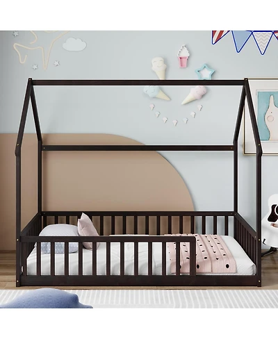 Streamdale Furniture Twin Wood House Floor Bed with Guardrails
