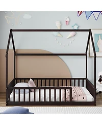 Streamdale Furniture Twin Wood House Floor Bed with Guardrails