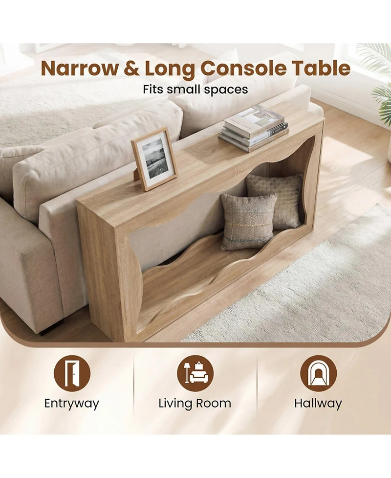 Sugift 63 Inch Console Table 2-Tier Narrow Entryway Table with Wavy Edge and Storage Shelf