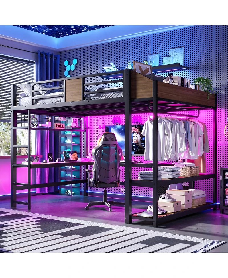 Streamdale Furniture Queen Loft Bed with L-Shaped Desk, Shelves, Lights, and Usb Ports