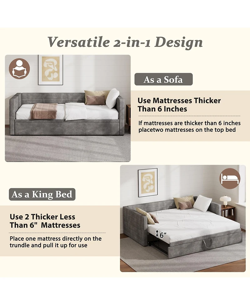 Streamdale Furniture Twin Upholstered Daybed with Pop-Up Trundle, Twin to King