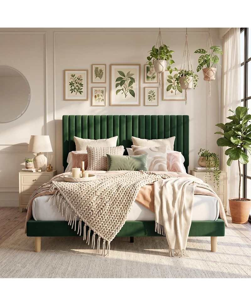 Gaomon Velvet Upholstered Platform Bed Frame with Adjustable Headboard, Vertical Channel Tufted