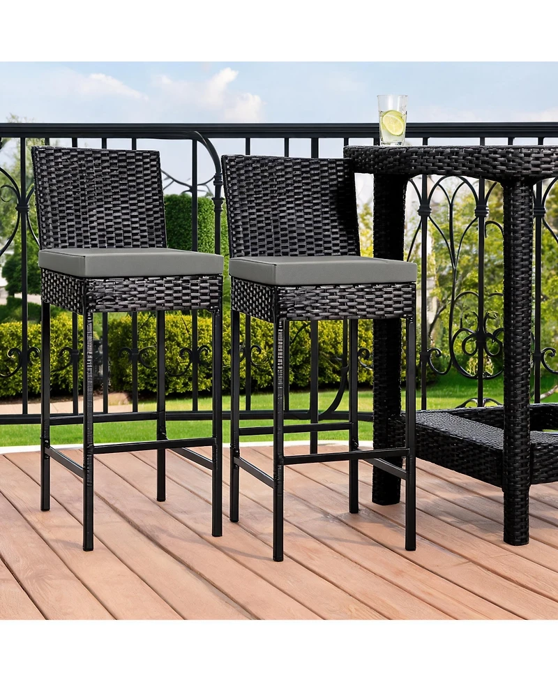 homfan Set of 2 Outdoor Wicker Bar Stools with Cushions, Rattan Counter Height Bar Chairs with Footrest