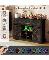 Sugift 52 Inch Wine Bar Cabinet with Led Lights Sliding Barn Doors and Glass Racks