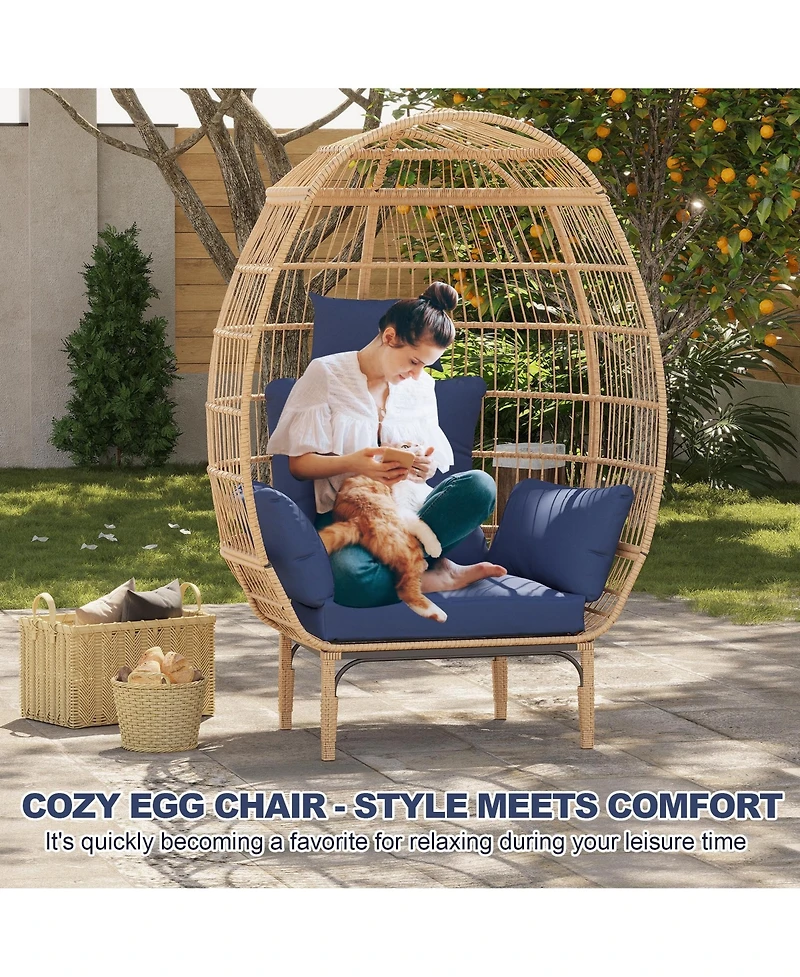 Wicker Egg Chair, Oversized Indoor Outdoor Lounge Chair with Soft Thick Cushion, 500 Lbs Capacity for Balcony, Living Room, Backyard