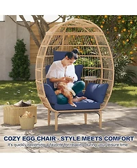 Wicker Egg Chair, Oversized Indoor Outdoor Lounge Chair with Soft Thick Cushion, 500 Lbs Capacity for Balcony, Living Room, Backyard