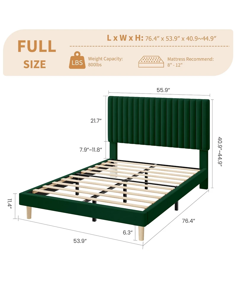 Gaomon Velvet Upholstered Platform Bed Frame with Adjustable Headboard, Vertical Channel Tufted