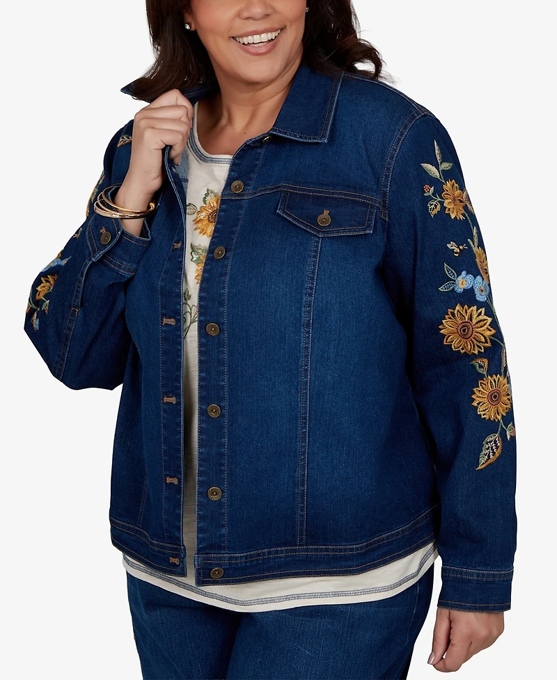 Alfred Dunner Plus Floral-Embroidered Denim Jacket