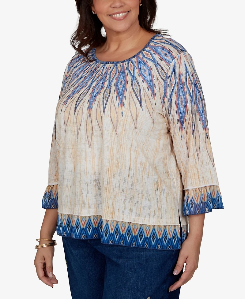 Alfred Dunner Plus Ikat-Print Scoop-Neck 3/4-Sleeve Blouse