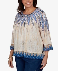 Alfred Dunner Plus Ikat-Print Scoop-Neck 3/4-Sleeve Blouse