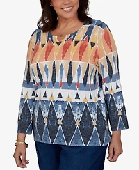 Alfred Dunner Plus 3/4-Sleeve Geometric-Print Keyhole Pullover Sweater