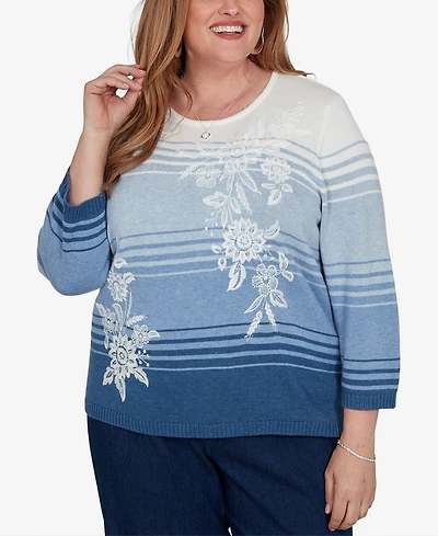 Alfred Dunner Plus Floral Embroidery 3/4-Length Crewneck Pullover Sweater