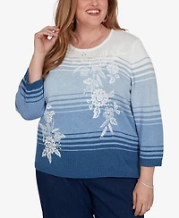 Alfred Dunner Plus Floral Embroidery 3/4-Length Crewneck Pullover Sweater