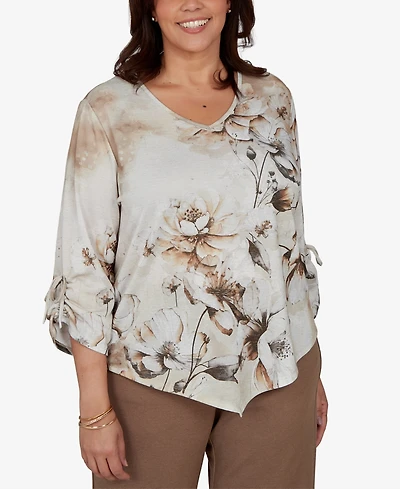 Alfred Dunner Plus Floral-Print V-Neck 3/4-Sleeve Blouse