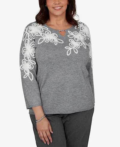 Alfred Dunner Plus 3/4-Sleeve Keyhole Neck Floral Embroidery Sweater