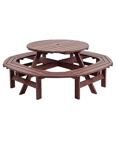 homfan 8-Person Round Wooden Picnic Table Set with 4 Integrated Benches, Outdoor Dining Table with Umbrella Hole, Sturdy Wood Patio Furniture
