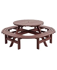 homfan 8-Person Round Wooden Picnic Table Set with 4 Integrated Benches, Outdoor Dining Table with Umbrella Hole, Sturdy Wood Patio Furniture
