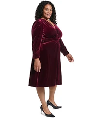 Vince Camuto Plus Twist Front Long-Sleeve Cocktail V-Neck Velvet Dress