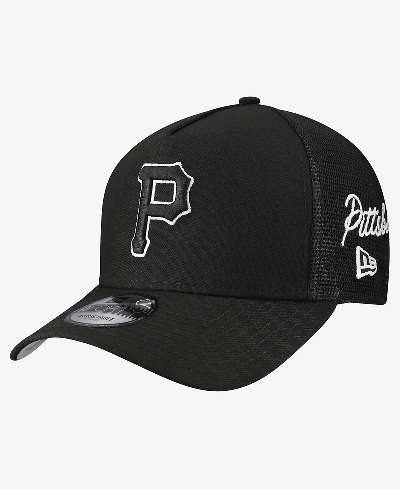 New Era Men's Black Pittsburgh Pirates Side Script 9FORTY A-Frame Trucker Adjustable Hat