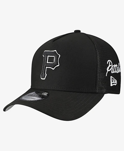 New Era Men's Black Pittsburgh Pirates Side Script 9FORTY A-Frame Trucker Adjustable Hat