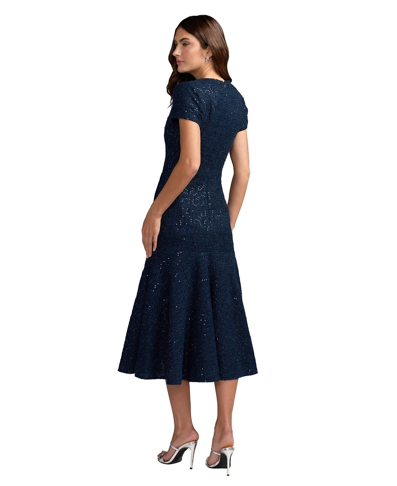 Mac Duggal Women's Sequin Tweed Short Sleeve A-Line Midi Dress