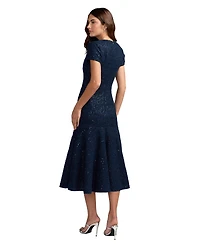 Mac Duggal Women's Sequin Tweed Short Sleeve A-Line Midi Dress