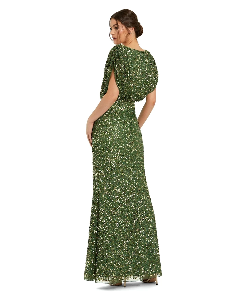 Mac Duggal Women's Sequin Draped Sleeve V-Neck Gown