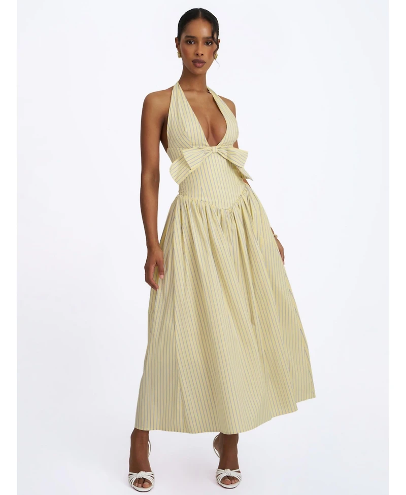 Miss Circle Women's Talise Lemon Yellow Cotton Poplin Stripe Plunging Halter Maxi Dress