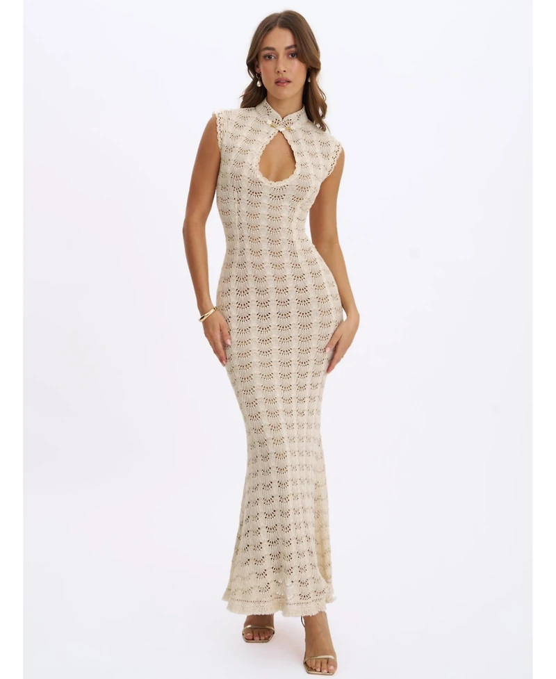 Miss Circle Women's Xylona Beige and Gold Crochet Teardrop Neckline Mermaid Maxi Dress