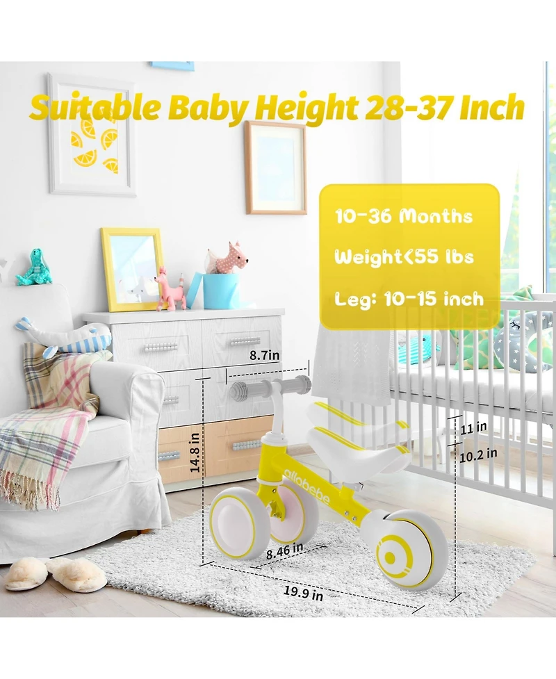 Allobebe Baby Balance Bike 3-Wheel Adjustable Seat Silent Wheels Ride-On, Ages 1-3