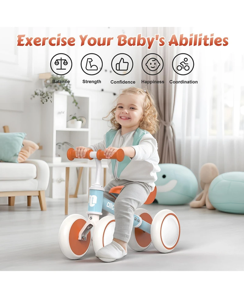 Allobebe Baby Balance Bike, 4-Wheel with Adjustable Seat and Silent Wheels, Ages 1-3