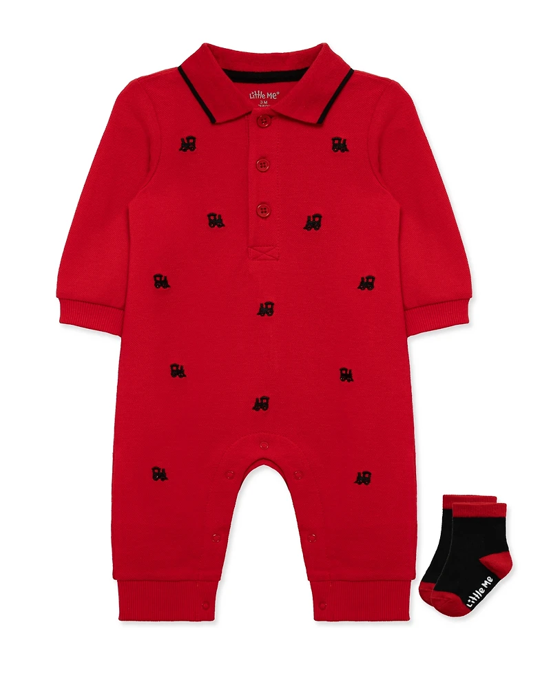 Little Me Baby Boys' Trains coverall and Socks, 2-Piece Set
