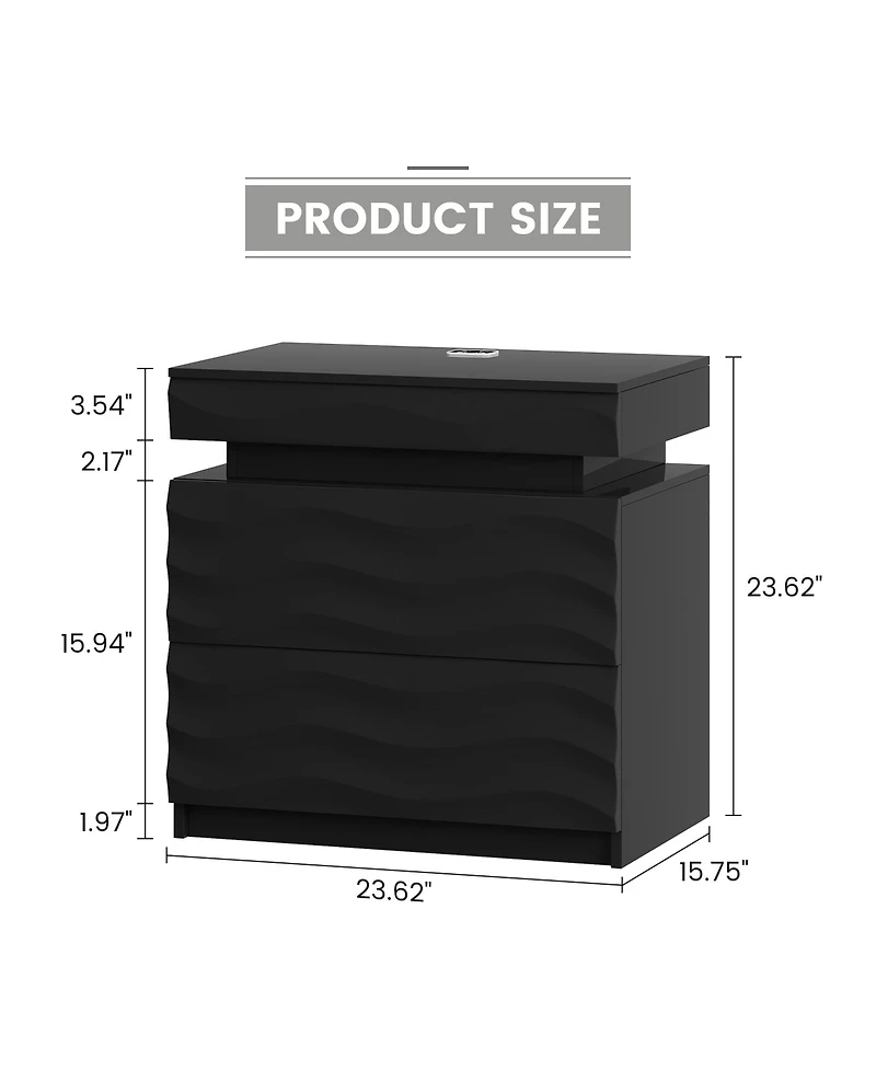 Vlsrka 23.6" Wide Nightstand Set of 2 - Drawers, Hidden Storage, Led Light