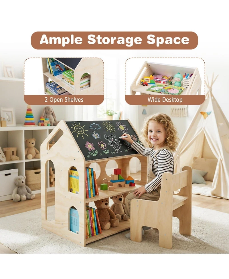 Sugift House Shaped Wooden Kids Table and Chair Set 3-in-1 Activity Desk with Chalkboard and Bookshelf