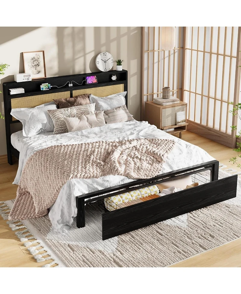 gaomon Rattan Bed Frame with Storage Drawer and Led Lights, Platform Charging Station, Headboard Shelf, Cane Panels