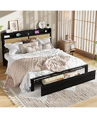 gaomon Rattan Bed Frame with Storage Drawer and Led Lights, Platform Charging Station, Headboard Shelf, Cane Panels