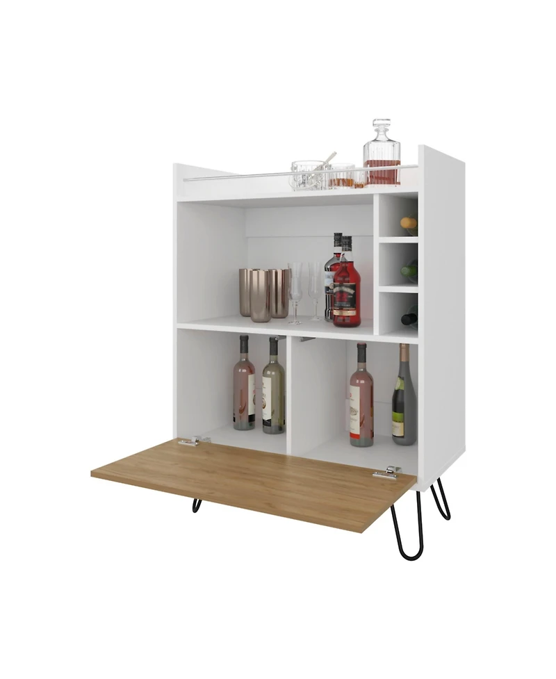 Fm Furniture Otho Bar Cabinet with Drop-Down Door, Wine Storage, Open Shelves, and Hairpin Legs