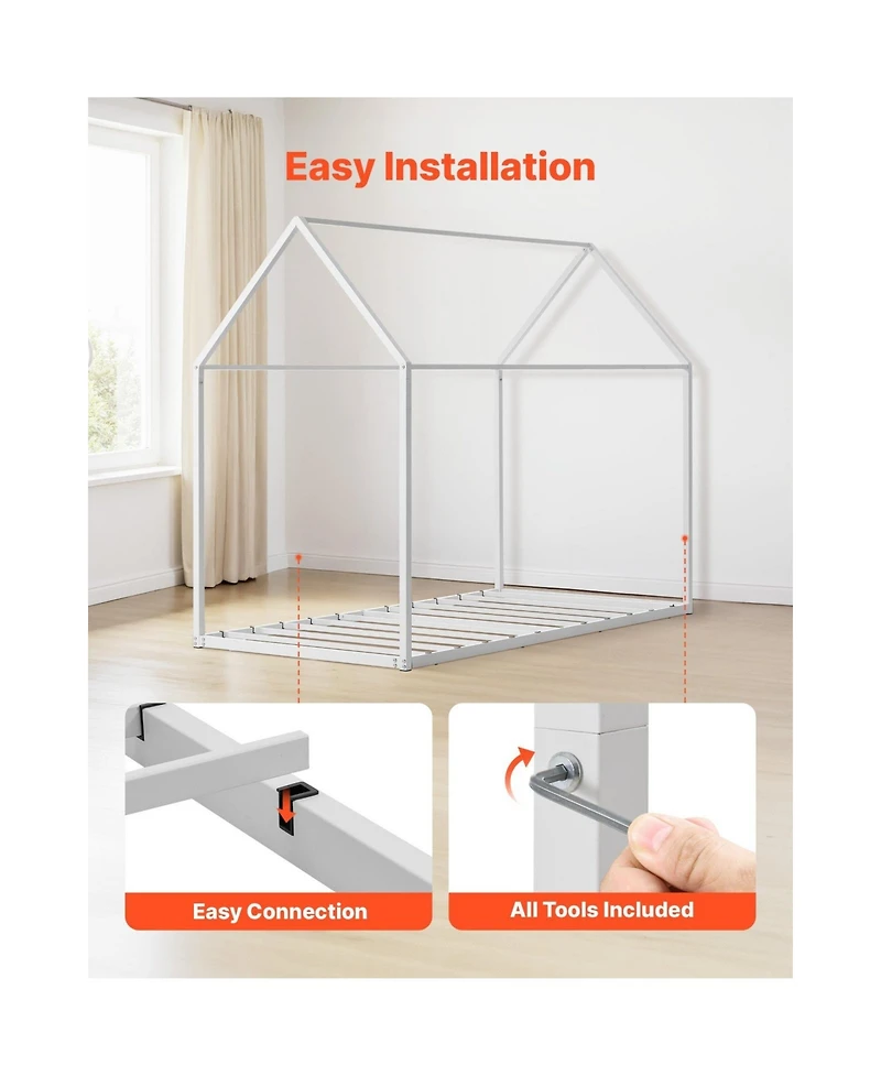 Sugift Twin Size Metal House Bed Frame with Steel Slat Support and Canopy Roof for Kids