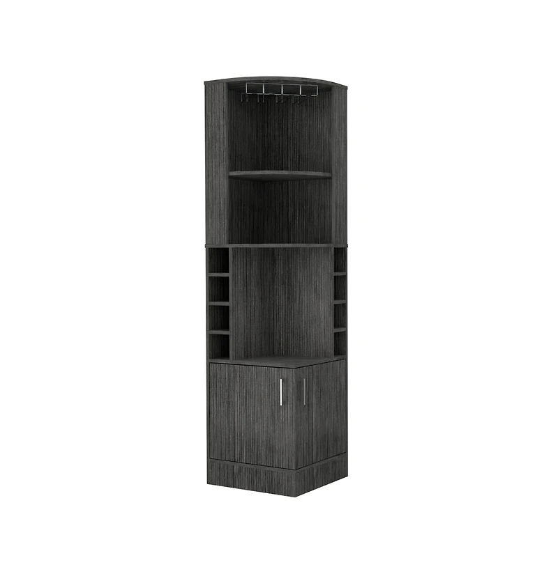 Fm Furniture Aspen Kava Corner Bar Cabinet with Wine Bottle Storage, Stemware Rack, and Shelves Smoky Oak