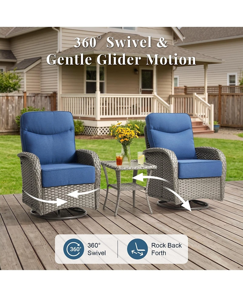 Pocassy 7-Pieces Patio Furniture Set Wicker Conversation Rocking Bistro with Sofa, Coffee Table, Tempered Glass Side Table and 2 Ottoman