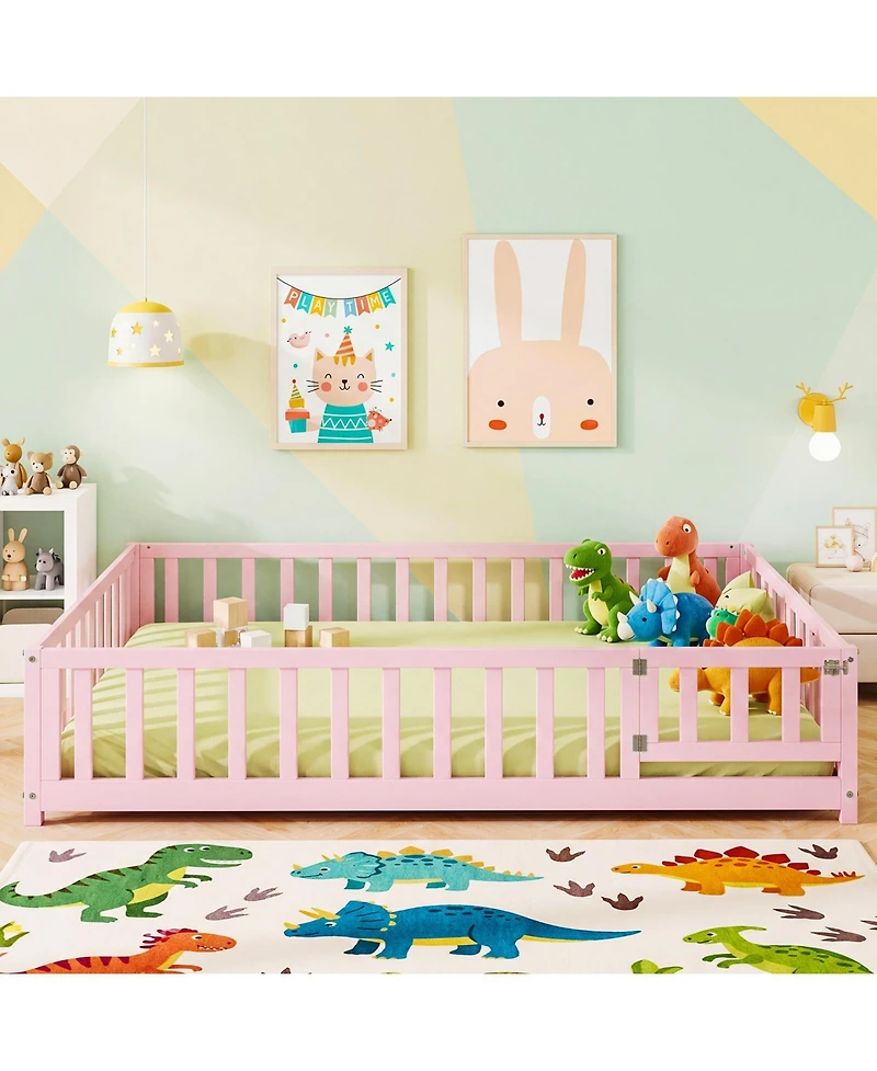 Gymax Full Size Floor Bed Montessori Bed Frame with Full-length Guardrails and Safety Door