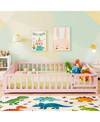 Gymax Full Size Floor Bed Montessori Bed Frame with Full-length Guardrails and Safety Door
