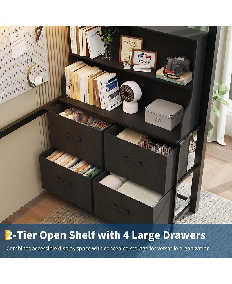 gaomon Twin Loft Bed with Desk, 4 Large Fabric Drawers and Open Shelves, Heavy Duty Metal Led Lights, Power Outlets