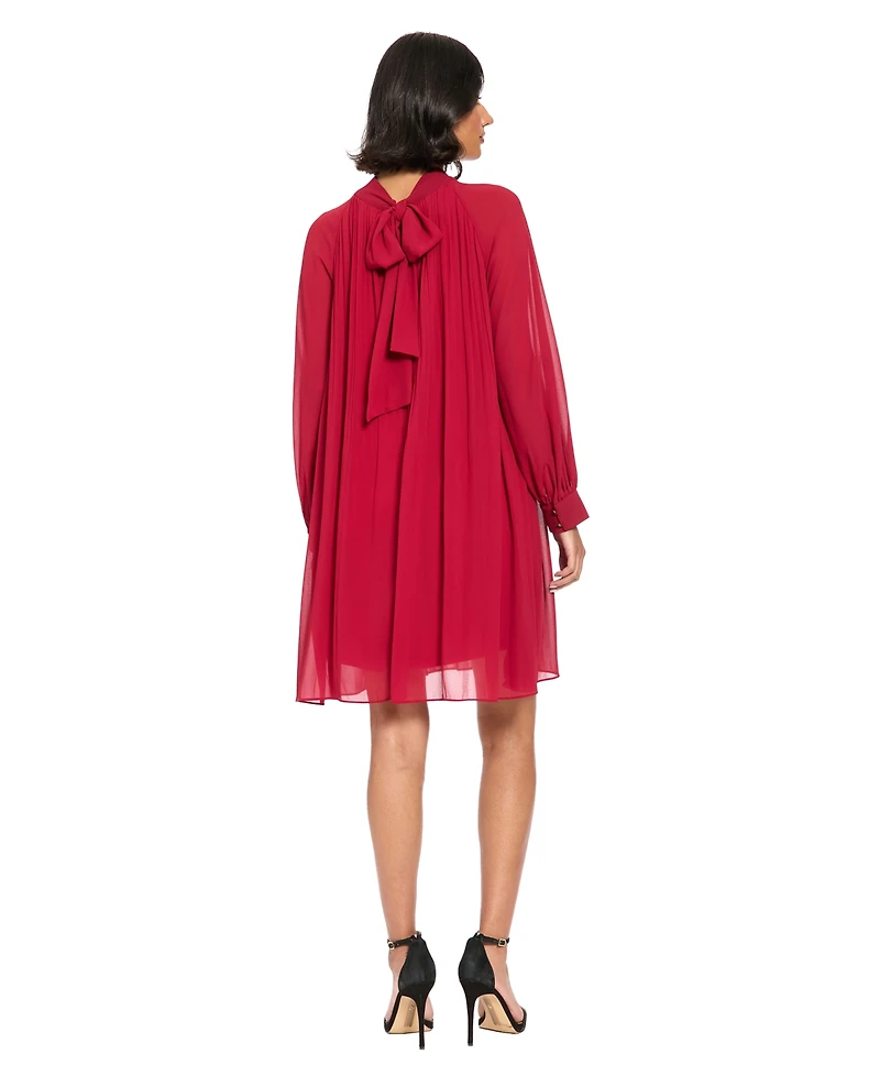 London Times Women's Petite Pleated Shift Long-Sleeve Mock-Neck Dress