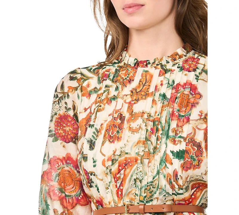 Msk Petites Ruffle Mock Neck Floral-Print Long-Sleeve Dress